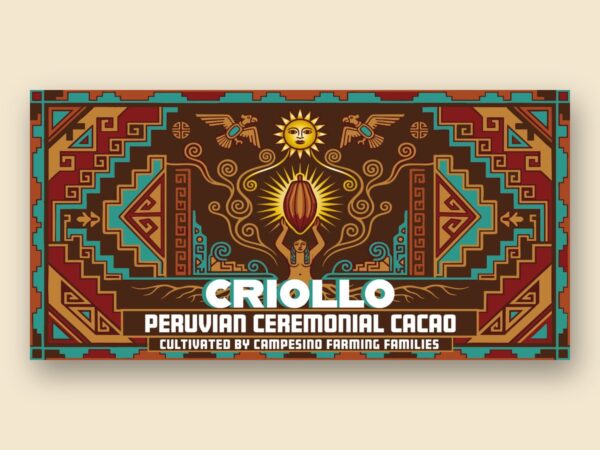Criollo Peruaanse ceremoniële cacao, blok van 500 gram, voorkant label